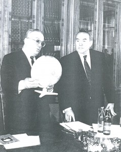 Rector of Moscow State University Viktor Sadovnichiy (left) welcomes President Nursultan Nazarbayev to the university for the March 1994 speech that became famous because of the introduction of an idea of a Eurasian Union.