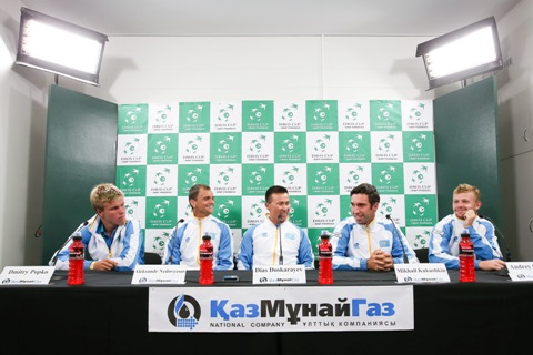 Kazakhstan's Davis Cup team at a press conference in Darwin. Photo: Kazakhstan Tennis Federation.