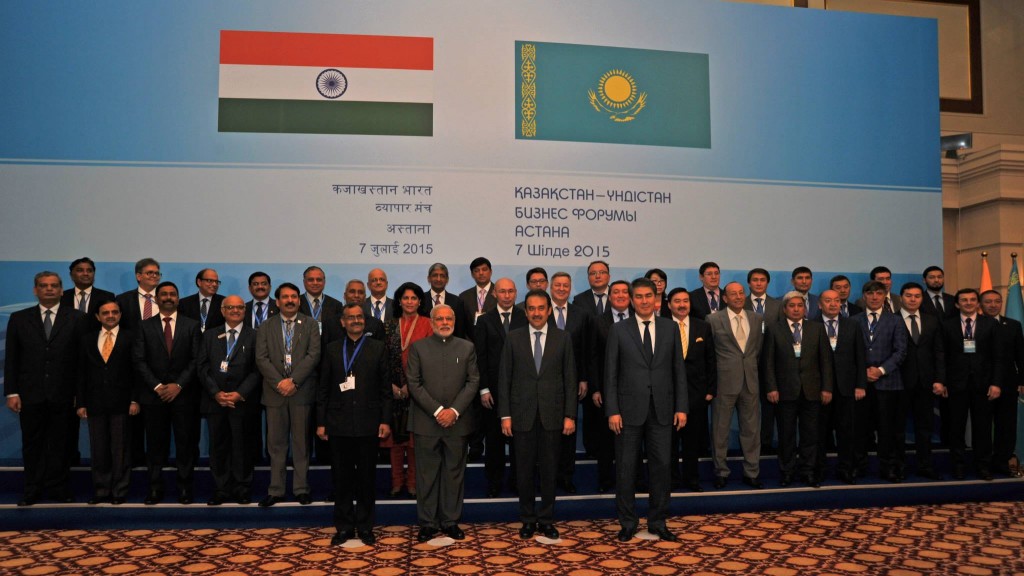 Prime Minister of India Narendra Modi, Prime Minister of Kazakhstan Karim Massimov and CEOs and business leaders of Kazakhstan and India, in Astana, Kazakhstan on July 7.
