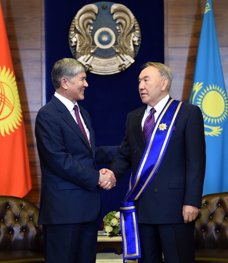 President Nursultan Nazarbayev receives the Order of Manas from President of Kyrgyzstan Almazbek Atambayev.