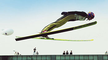 A ski-jumper flies above Almaty taking off from the newly built facility during the Asian Winter Games in Almaty in February 2011. 1377186189