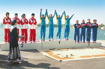 Victorious Kazakhstan women’s canoe quartet won gold in the 500 meter race breaking the long-time Chinese dominance. 1381315930